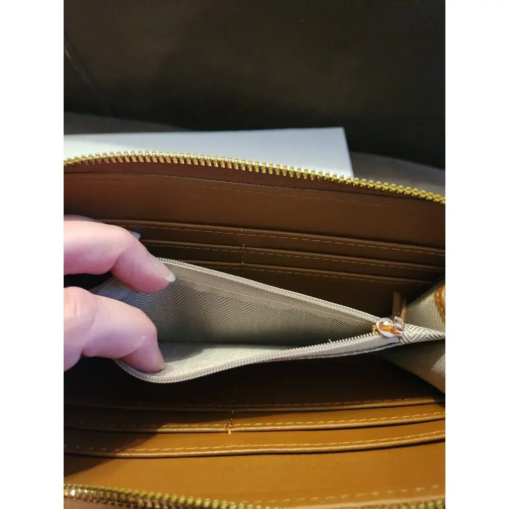 Badgley Mischka Brown faux suede Zip Around Wallet NWT Gold Plaque